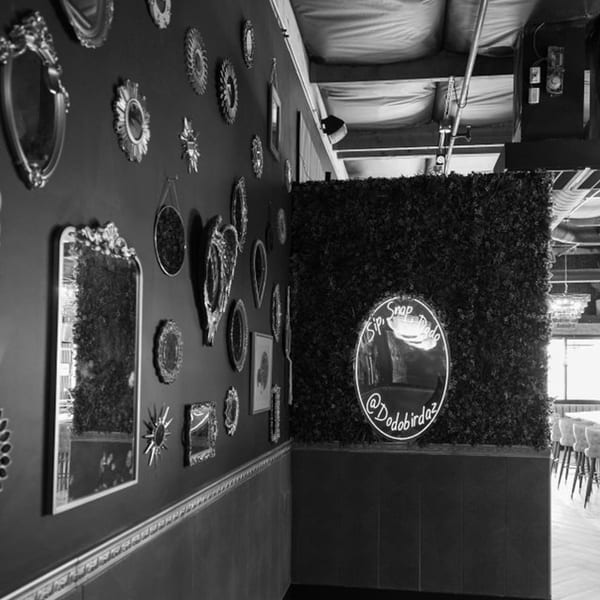 Black and white photo of a wall with various mirrors and a neon sign for Dodo Bird Kitchen.