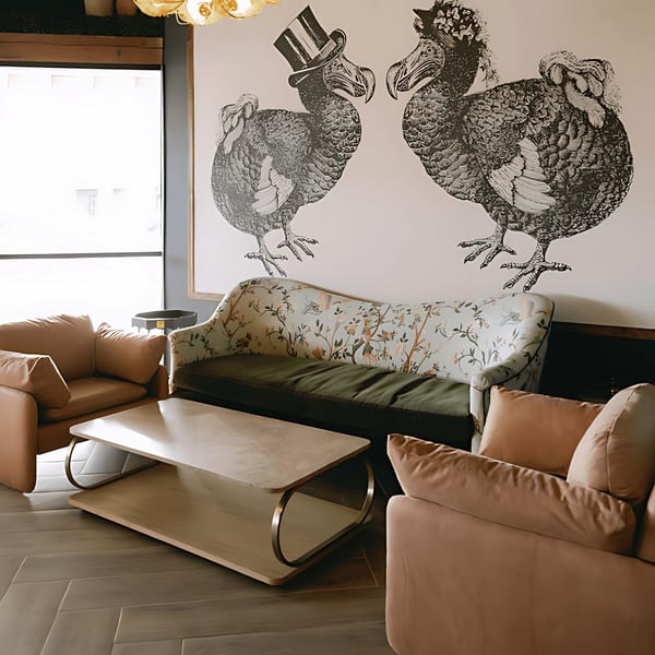 Lounge area with a floral sofa, two tan armchairs, a coffee table, and dodo bird wall art.