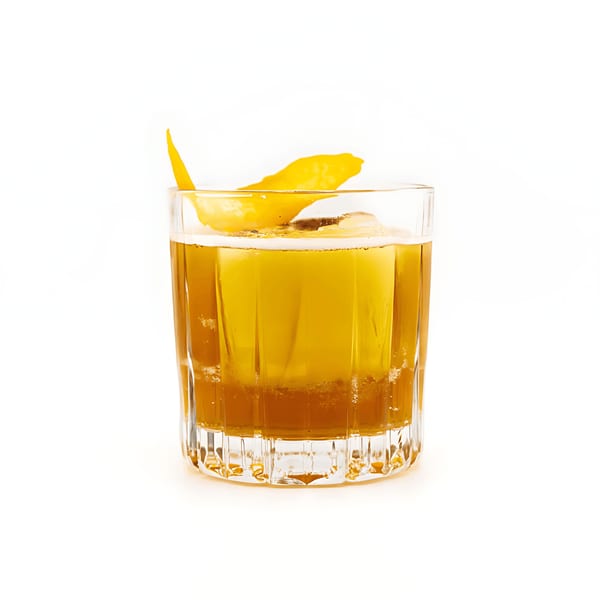 A Dodo Bird Kitchen and Cocktails old fashioned cocktail with a large ice cube and orange peel.