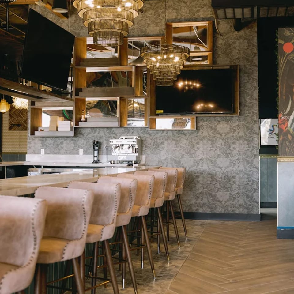 Interior of Dodo Bird Kitchen and Cocktails, showing a bar with stools, TVs, and decorative chandeliers.